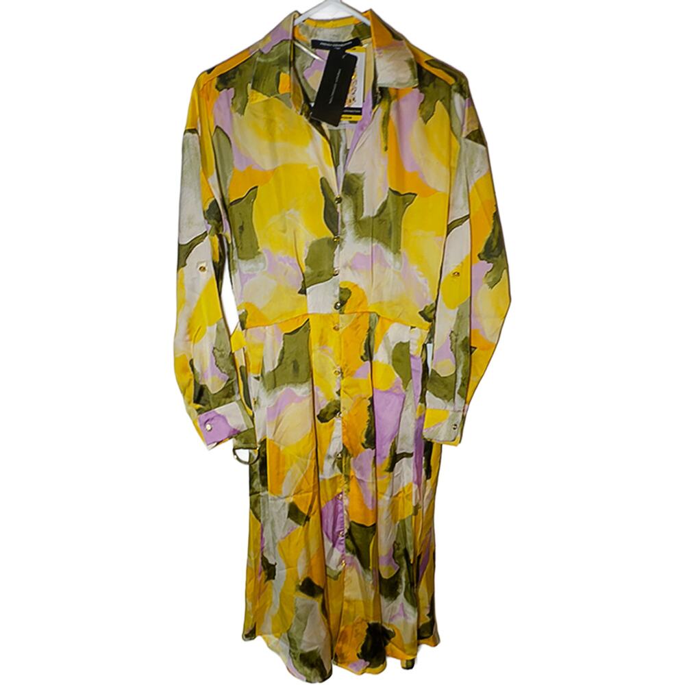 New French Connection Button Front Shirt Midi Dress Watercolor Medium NWT